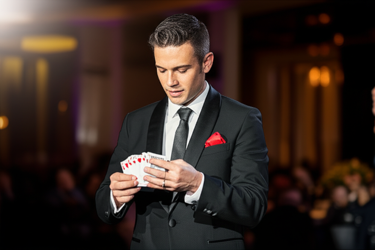 Felipe Barbieri, mago profissional, realizando truque de close‑up com baralho Bicycle em um palco iluminado