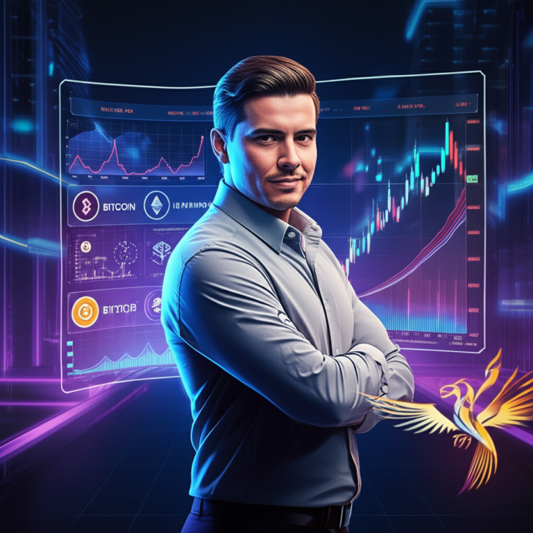 Augusto Backes Curso Funciona? Análise Completa do Mestres do Bitcoin 6 https://www.comprasdigitais.com.br/acesso-ao-curso/page/100/ Illustration of Augusto Backes presenting the CriptoBlinders (Fênix) cryptocurrency course, surrounded by Bitcoin, Ethereum, and other crypto symbols, with holographic charts and a phoenix motif.