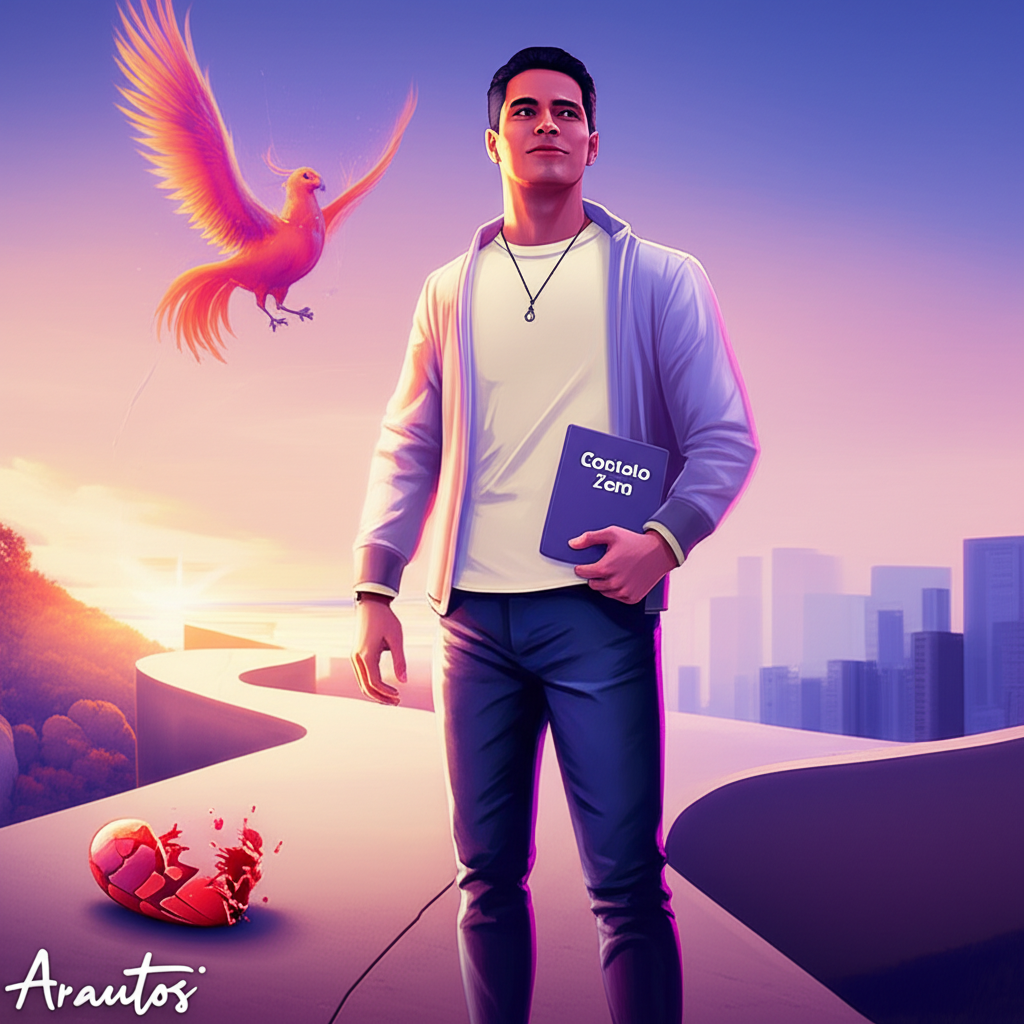 Ilustração de pessoa confiante em jornada de reconquista amorosa, com coração partido se transformando em fênix, simbolizando auto‑estima renovada e o método de "Contato Zero" dos Arautos.