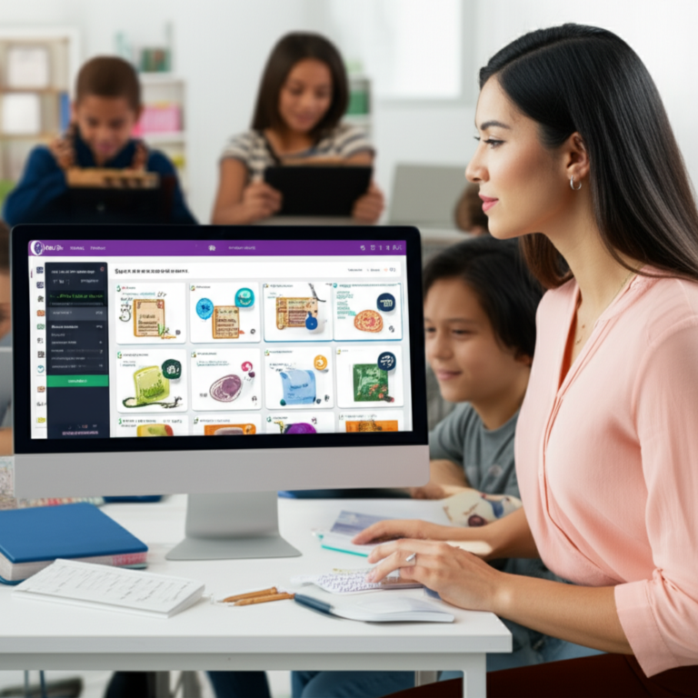 Professora utilizando a plataforma Skooly em sala de aula