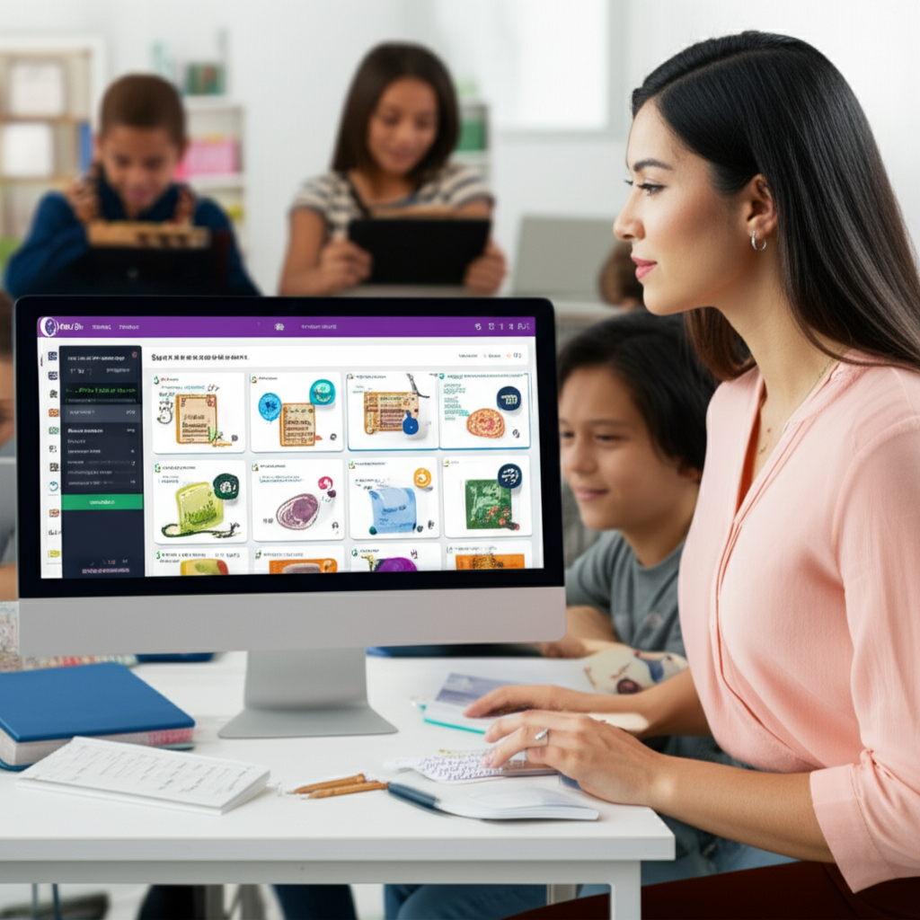 Professora utilizando a plataforma Skooly em sala de aula