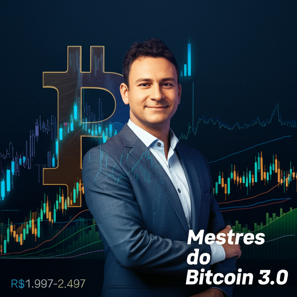 Augusto Backes presenting the Mestres do Bitcoin 3.0 course, surrounded by Bitcoin logo, candlestick charts and DeFi graphics.