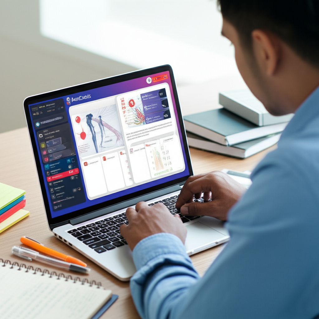 Estudante de medicina estudando com Medcards no laptop