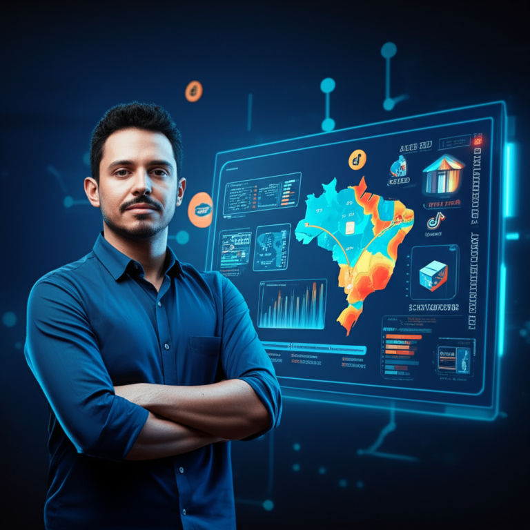 Ilustração de Caio Ferreira apresentando o curso Mestres do Algoritmo, com tela holográfica de métricas de e‑commerce, ícones de dropshipping nacional e mineração de tendências no TikTok.