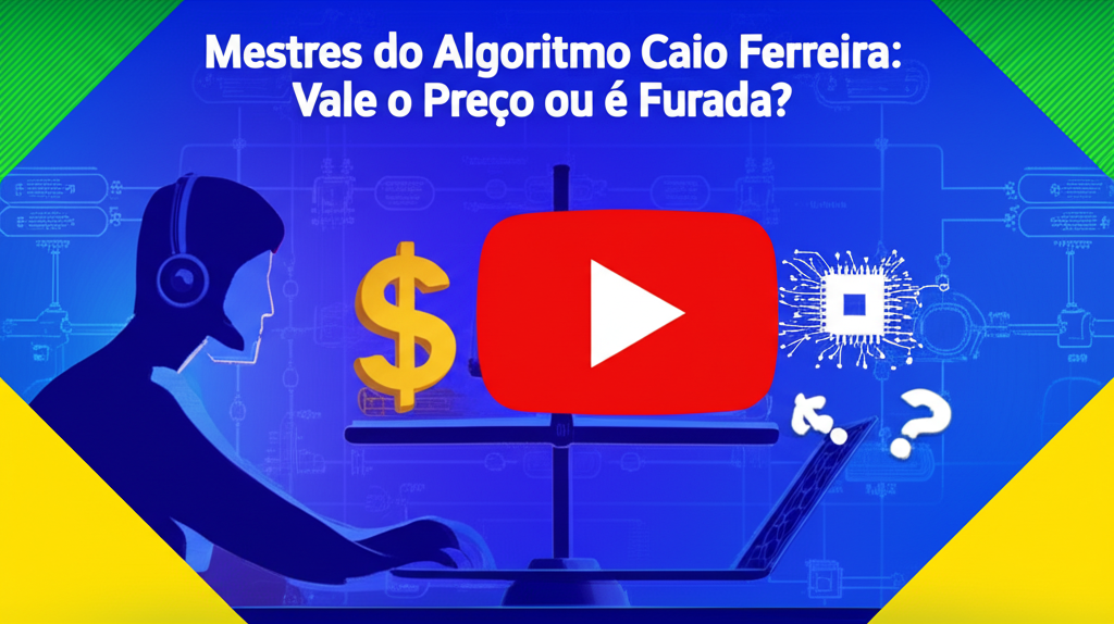 Ilustração digital de um play do YouTube, escala equilibrando preço (cifrão) e dúvida (ponto de interrogação), com fundo de código e figura trabalhando no laptop.