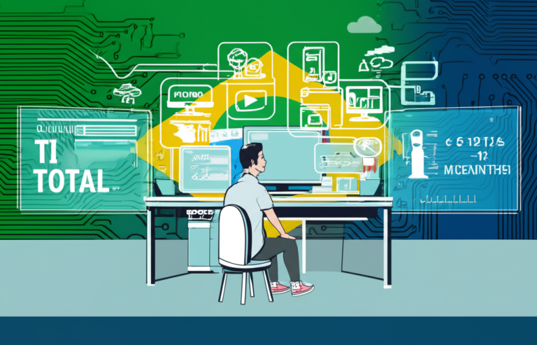 Ilustração de um profissional de TI estudando redes, hardware, sistemas operacionais e cloud computing, representando o curso completo TI Total.