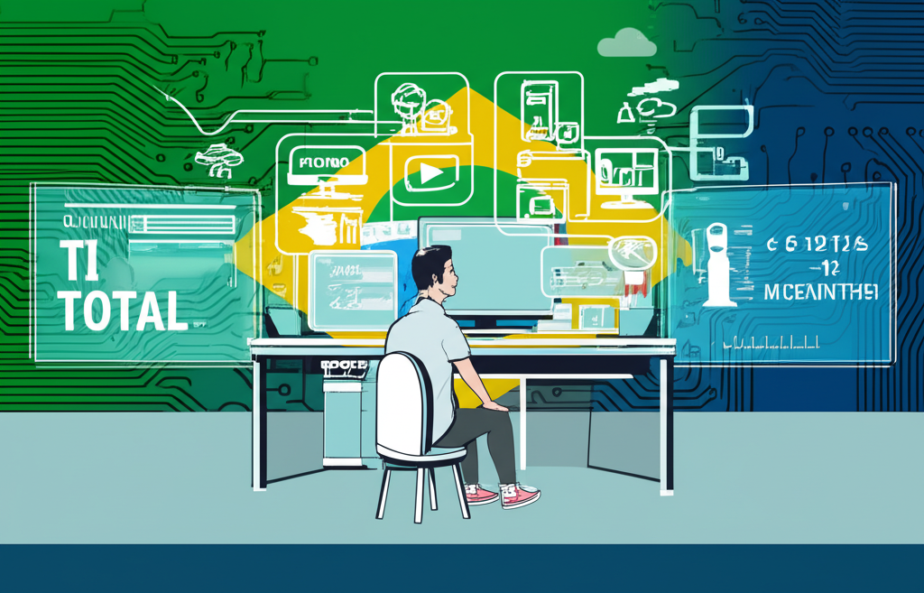 Ilustração de um profissional de TI estudando redes, hardware, sistemas operacionais e cloud computing, representando o curso completo TI Total.