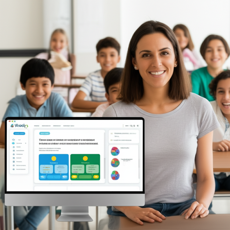 Professora utilizando a plataforma Skooly com ferramentas de IA para educação