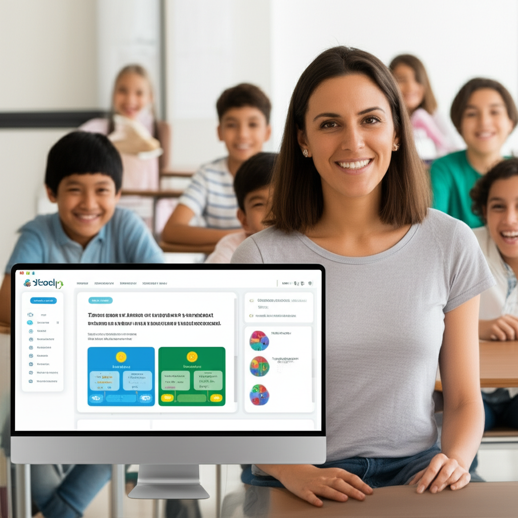 Professora utilizando a plataforma Skooly com ferramentas de IA para educação