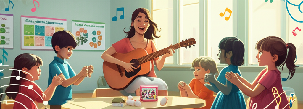 Professor com violão e crianças cantando e usando instrumentos simples em sala de aula colorida da Educação Infantil.