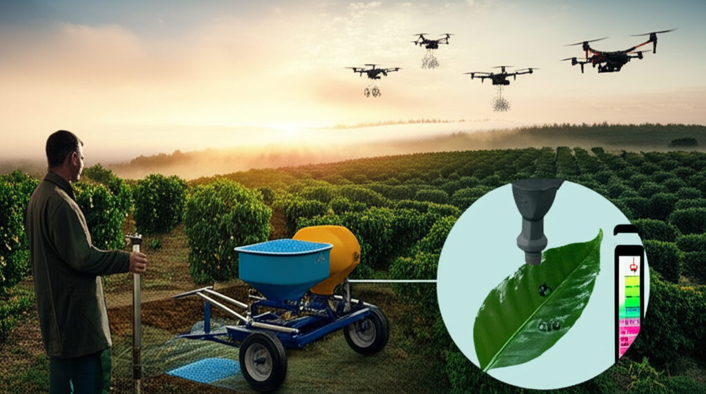 Produtor aplicando fertilizante de liberação controlada em café de alta produtividade, com análise de solo e drones de precisão ao fundo.