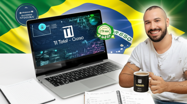 TI Total Curso Vale o Investimento? Minha Experiência Real como Aluno 4 https://www.comprasdigitais.com.br/acesso-ao-curso/page/100/ Estudante satisfeito estudando o curso online TI Total, com laptop exibindo slides de TI, anotações e ícones de preço e garantia.