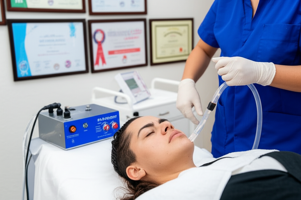 Imagem representando profissional de saúde aplicando ozonioterapia com equipamentos específicos.