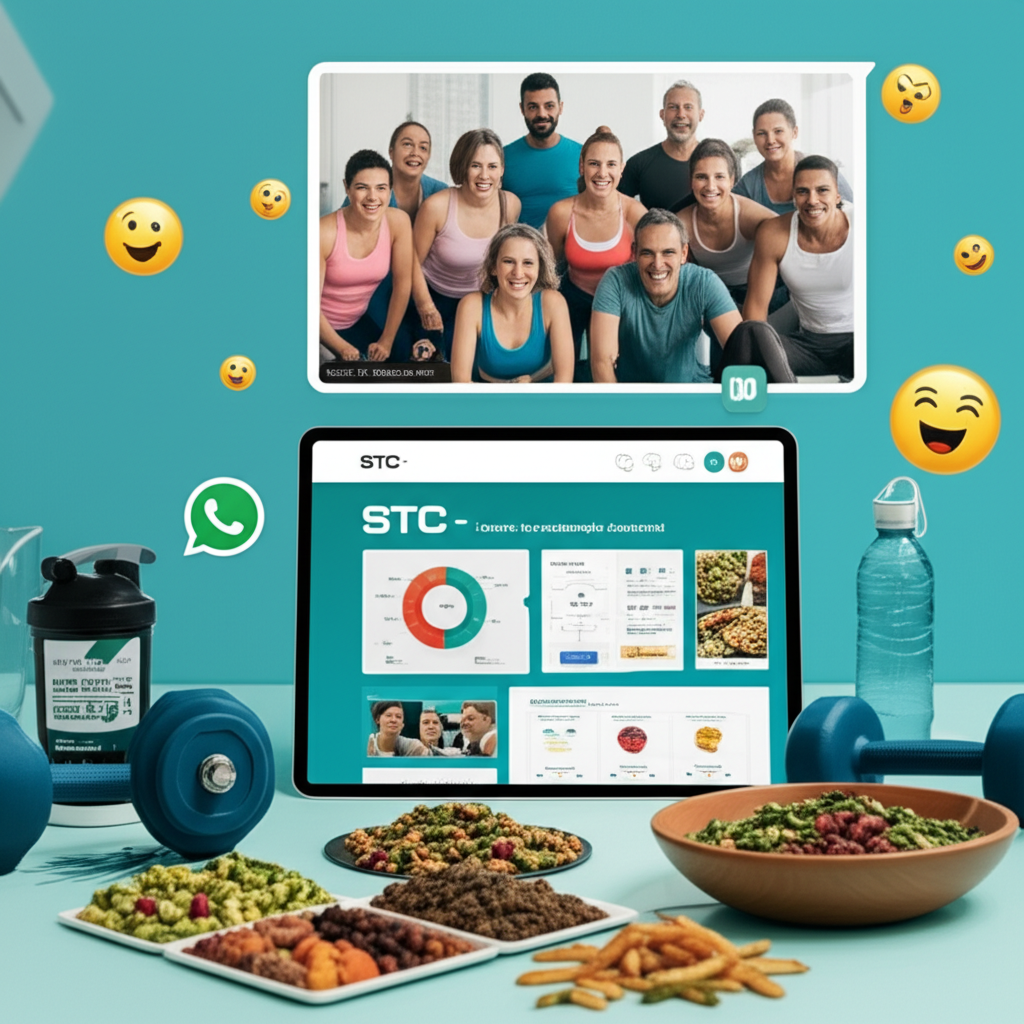 Grupo diverso praticando exercícios e compartilhando refeições low‑carb, suplementos e apoio digital do programa STC Transformação Corporal.