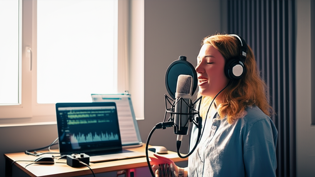 Jovem cantora praticando técnicas vocais em estúdio caseiro com microfone condensador e interface de áudio.