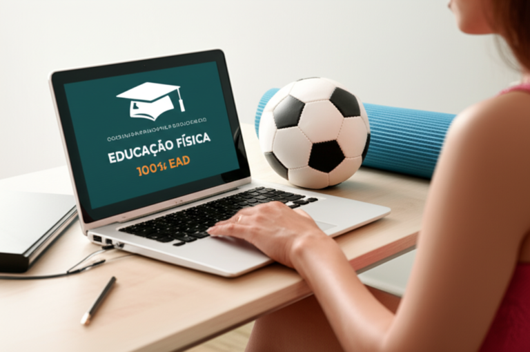 Pessoa estudando em casa com notebook e materiais de educação física