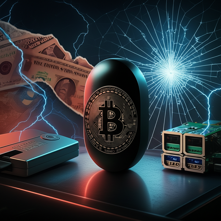 Bitcoin Black Pill 9 https://www.comprasdigitais.com.br/ Black Bitcoin pill with hardware wallet and Raspberry Pi node, symbolizing financial sovereignty.