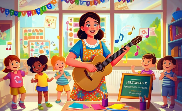 Histórias e Brincadeiras Cantadas: O Guia Definitivo para Professores 3 https://www.comprasdigitais.com.br/acesso-ao-curso/page/100/ Professora animada cantando e contando histórias com crianças em sala de aula colorida.