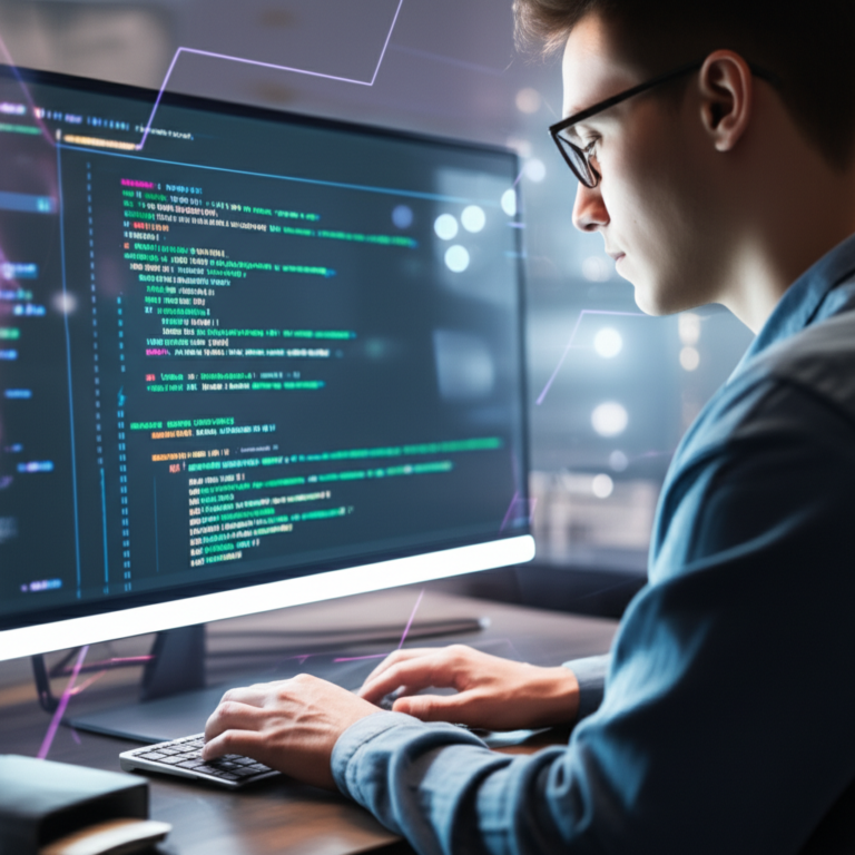 Desenvolvedor programando em um ambiente de desenvolvimento integrado com códigos de IA e RAG