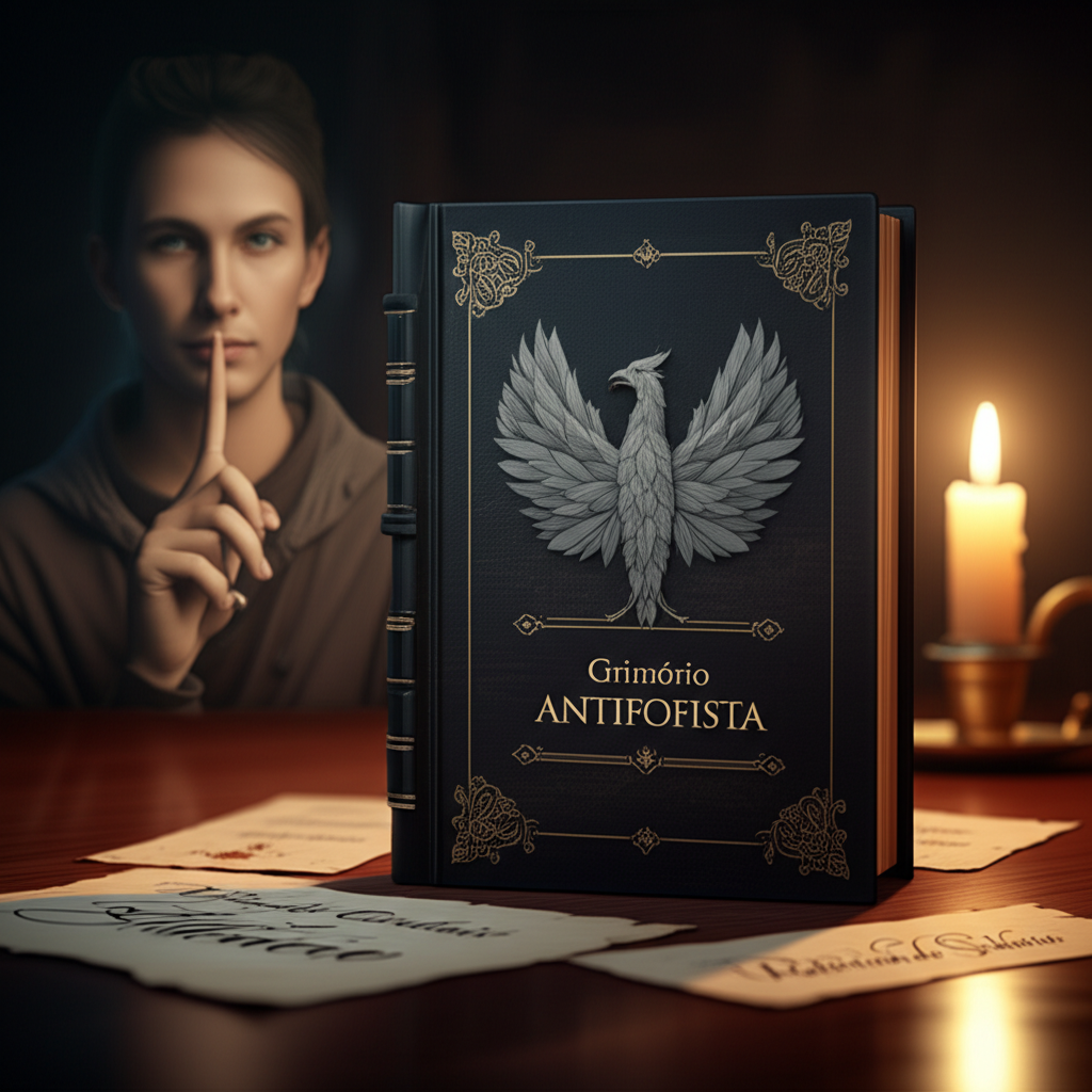 Capa de couro escuro do Grimório Antifofista com símbolo de fênix silenciosa, cercada por pergaminhos de virtudes cardeais e retórica do silêncio, ao lado de uma vela.