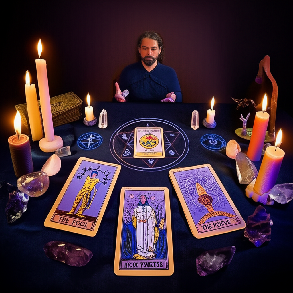 Tarot spread with major arcana cards and esoteric symbols, representing the Tarot Profundo course by Rogério Temporim.