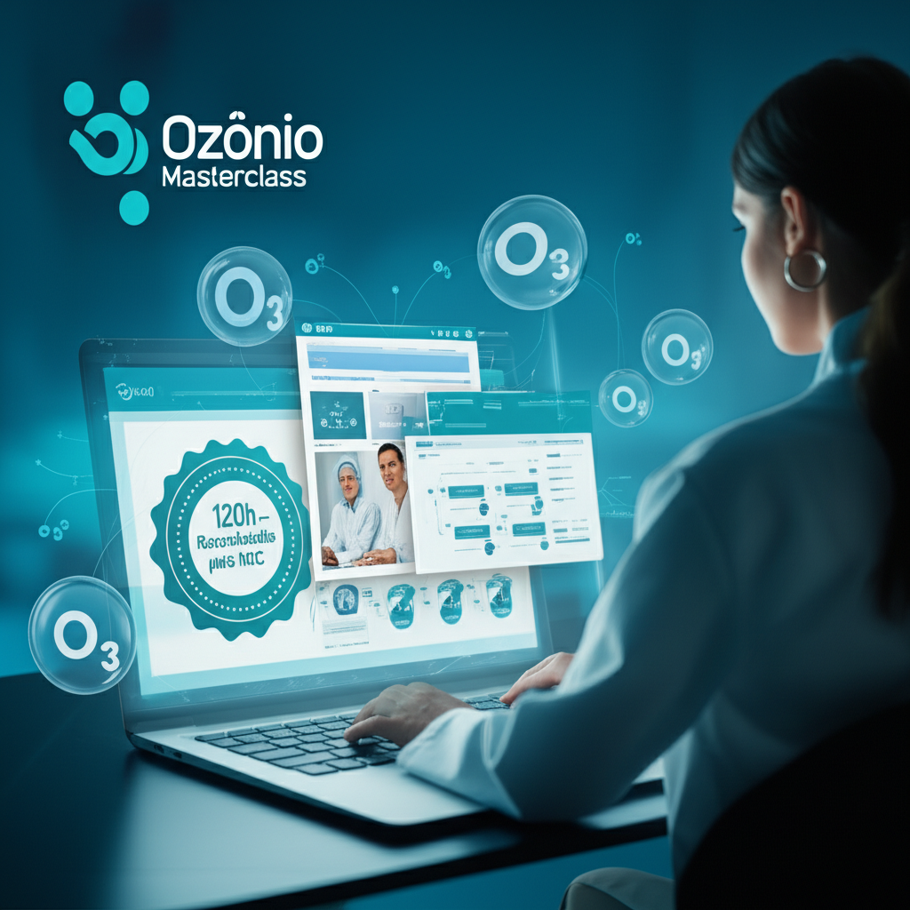 Profissional de saúde assistindo ao curso online Combo Ozônio Masterclass com certificado MEC de 120h e materiais científicos.