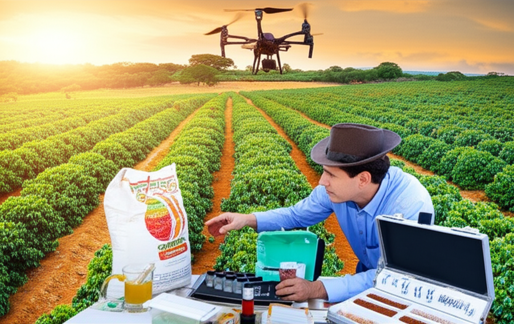 Agrônomo aplicando fertilizante em cafezal de alta produtividade, com drone e análise de solo ao fundo.