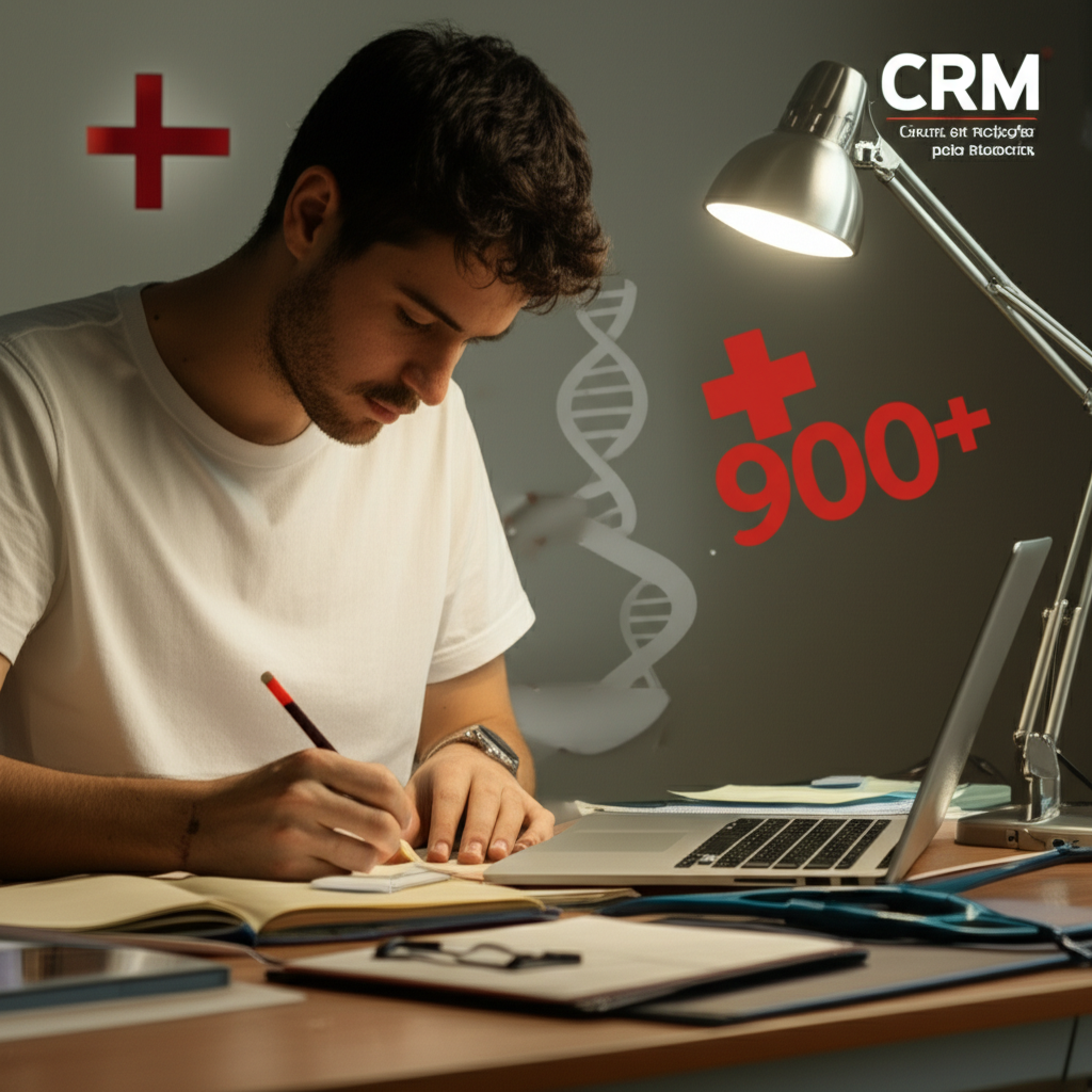 Estudante escrevendo redação para medicina com símbolos médicos e nota 900+ ao fundo