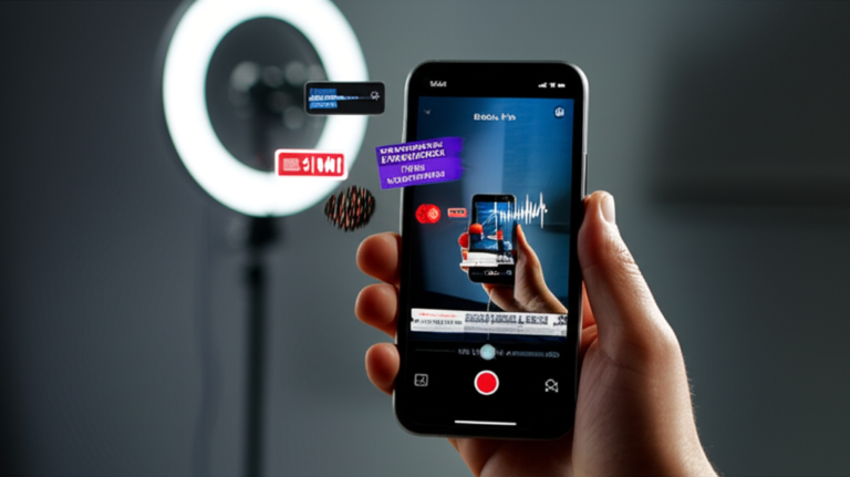 Smartphone displaying Instagram Reels editor with dynamic timeline, music waveform, and hook text, surrounded by ring light and lapel mic.