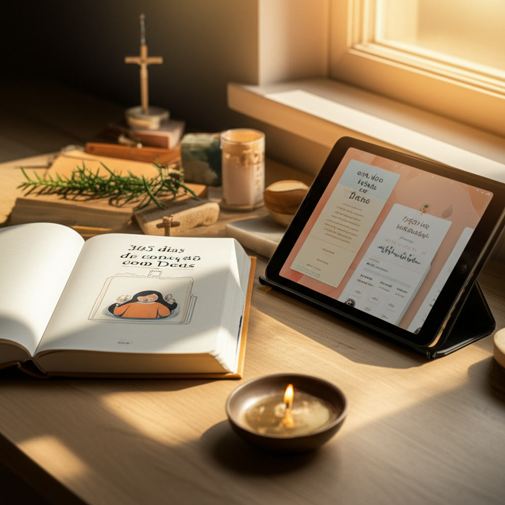 Capa do livro 365 dias de conexão com Deus aberto ao lado de um tablet com um devocional digital, ambientado em iluminação suave e elementos espirituais.