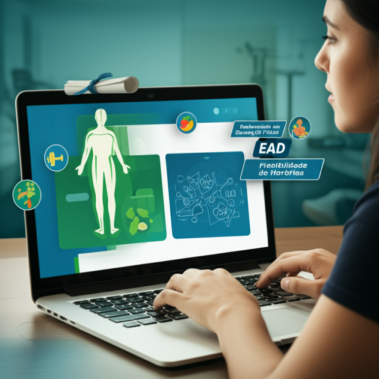 Estudante universitário assistindo a aulas online de Educação Física, com ícones de anatomia, nutrição e liderança ao redor do laptop.