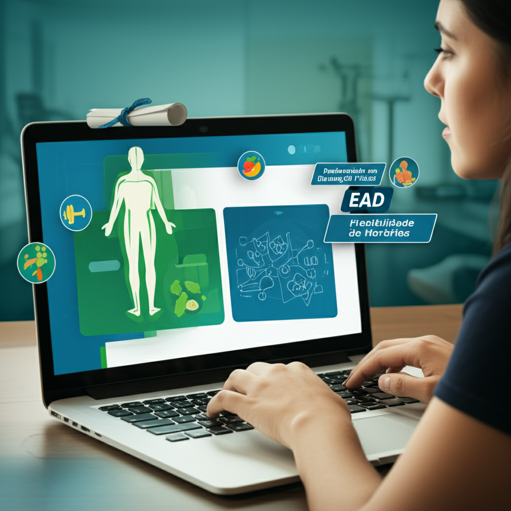Estudante universitário assistindo a aulas online de Educação Física, com ícones de anatomia, nutrição e liderança ao redor do laptop.