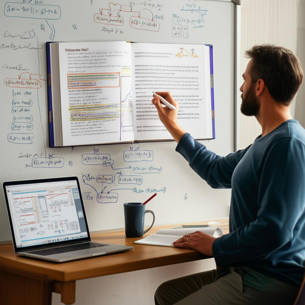 Estudante avançado de Português analisando diagramas sintáticos em um ambiente de estudo moderno.
