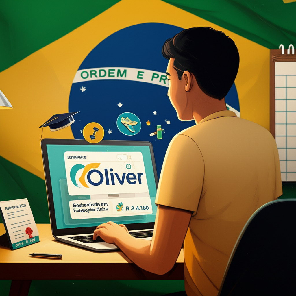 Ilustração de estudante brasileiro estudando Bacharelado em Educação Física 100% EAD no laptop, com ícones de graduação e esportes.