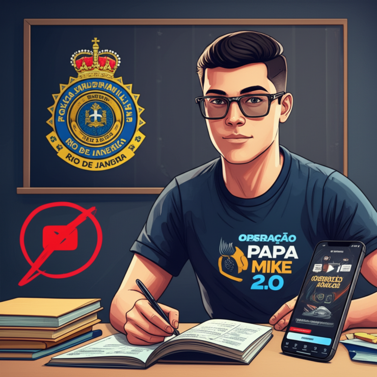 Candidato à PMERJ estudando com o app Operação Papa Mike 2.0, livros e ícone do YouTube riscado