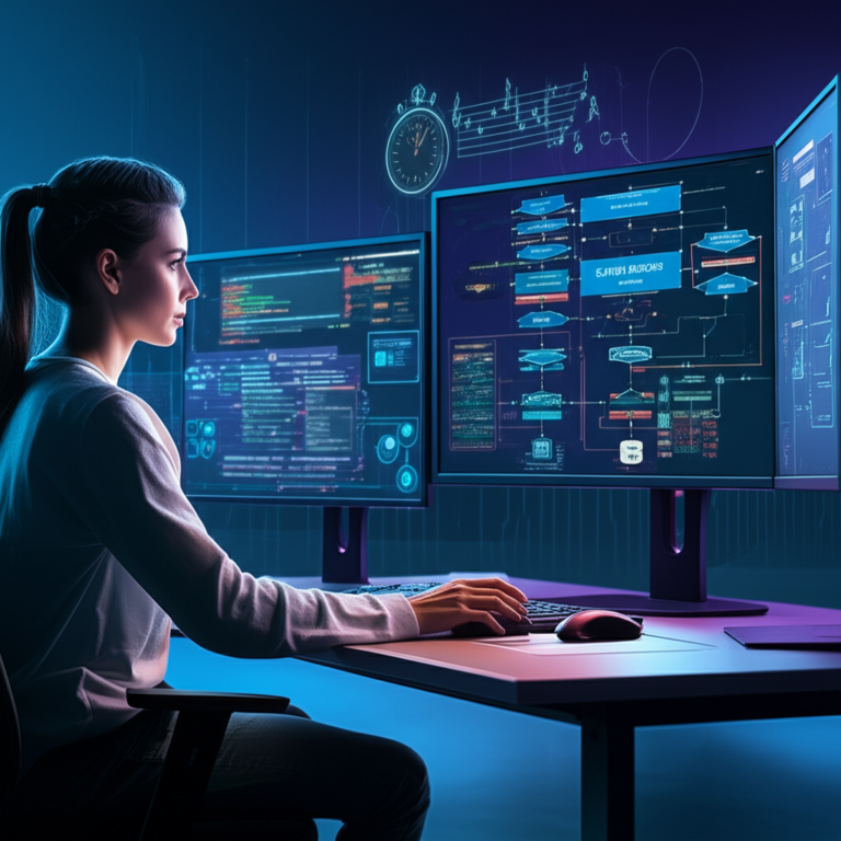 Software engineer building a production‑grade AI system with LLMs, RAG, and intelligent agents, surrounded by code and data flow visuals.