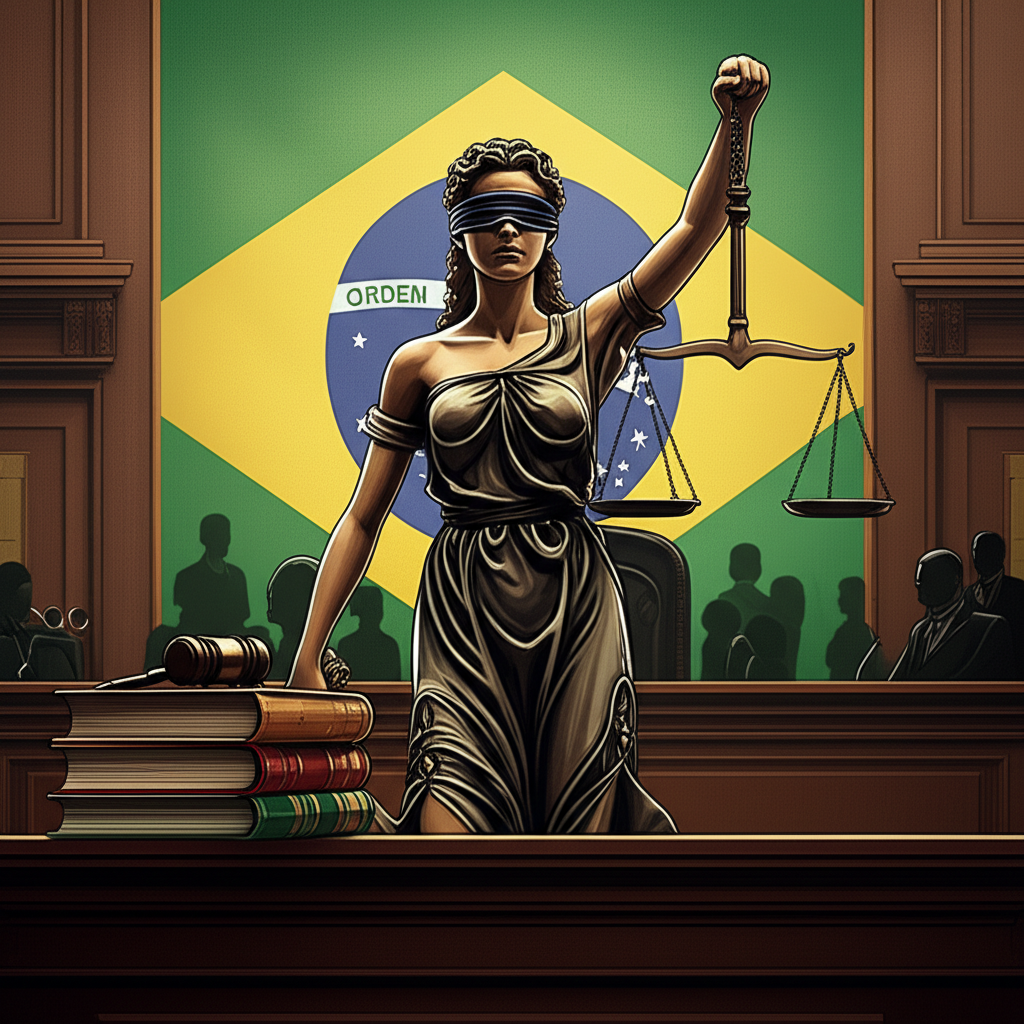 Ilustração de uma Justiça cega segurando balanças desequilibradas, com um prato cheio de livros de direito e o outro vazio, sobre fundo com cores da bandeira do Brasil, simbolizando justiça e impunidade no país.