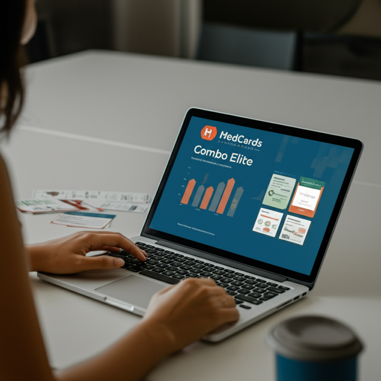 Tela do Medcards (Combo Elite) com flashcards e gráficos de desempenho