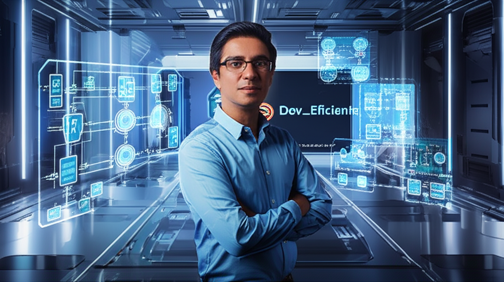 Alberto Luiz Oliveira Tavares de Souza apresentando conceitos de engenharia de IA em um laboratório futurista.