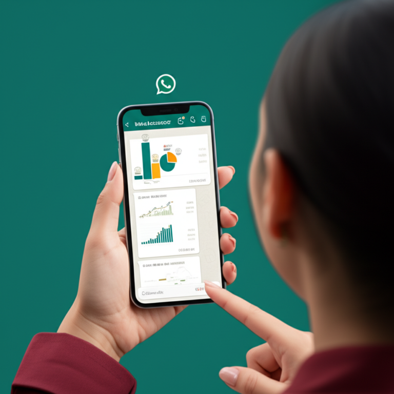 Tela de smartphone exibindo o MeuAssessor no WhatsApp com relatórios financeiros