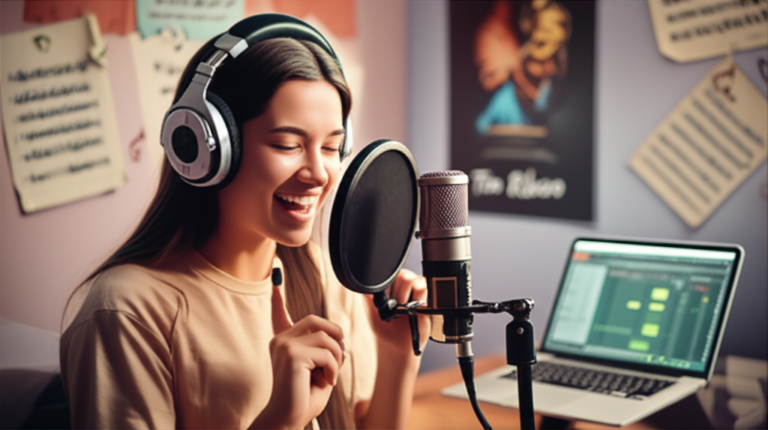 Jovem cantor(a) feliz em estúdio caseiro praticando canto online com laptop e microfone, ao fundo notas musicais e poster de Ton Ribeiro.
