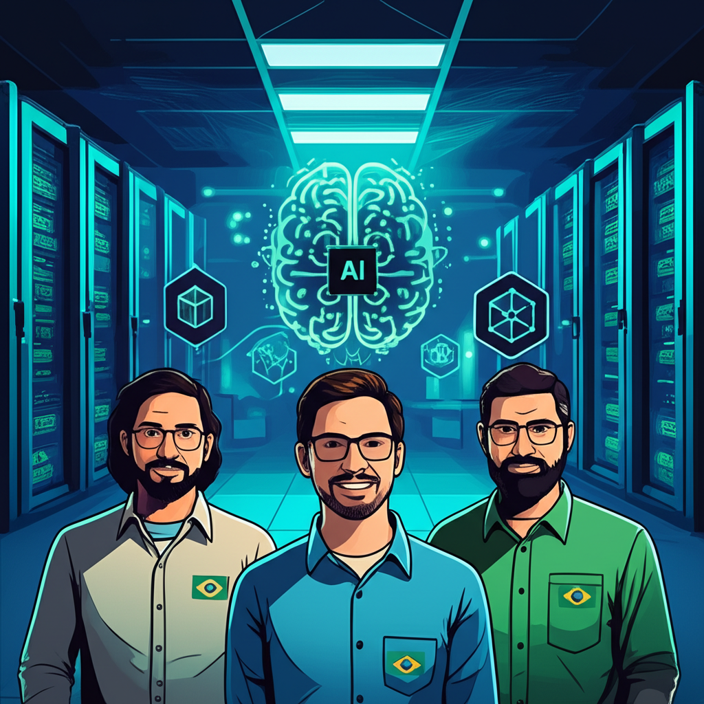 Ilustração dos fundadores Daniel Romero, Rafael Ponte e Alberto Souza apresentando a Especialização Dev + Eficiente: Engenharia de IA, com servidores GPU, diagramas RAG e ícones Kubernetes.