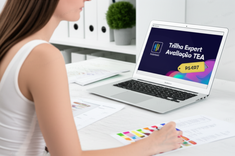 Trilha Expert Avaliação TEA 1 https://www.comprasdigitais.com.br/acesso-ao-curso/page/74/ Psychologist reviewing autism assessment tools while viewing the Trilha Expert Avaliação TEA course on Hotmart.