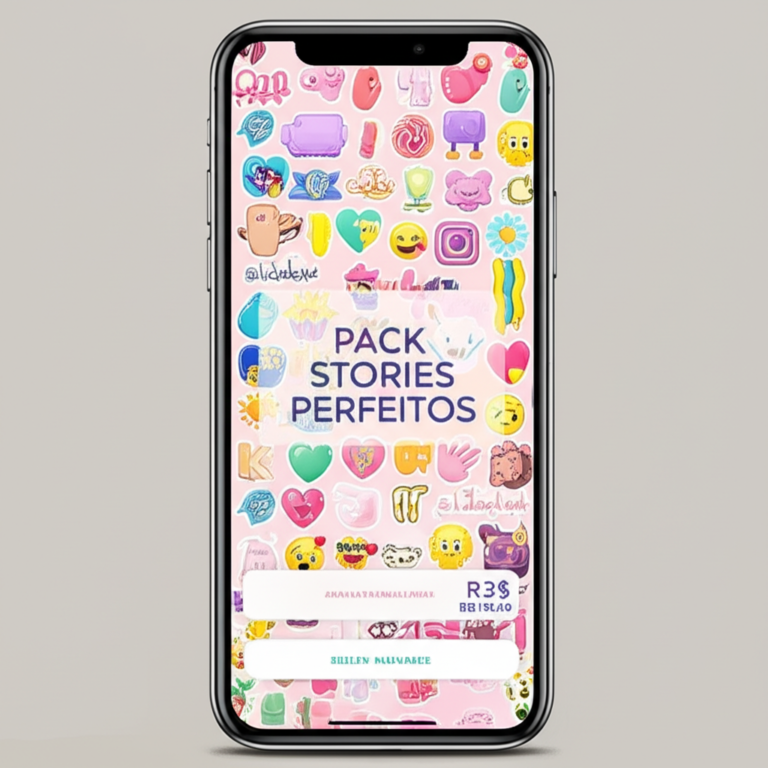 Mockup de story do Instagram com diversos adesivos, emojis e elementos gráficos do Pack Stories Perfeitos de Suelen Magalhaes, exibidos em um smartphone.
