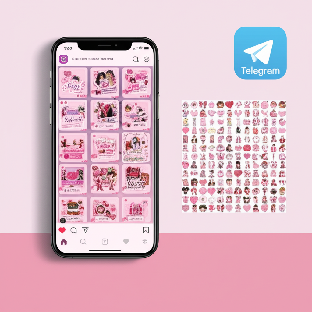 Smartphone exibindo Instagram Stories decorados com adesivos femininos, sombras e vídeos de fundo do pack StoriesPerfeitos, ao lado do logo do Telegram indicando a entrega dos recursos.