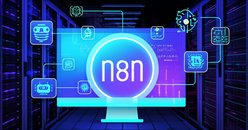 Painel de automação n8n com fluxos de trabalho e ícones de IA