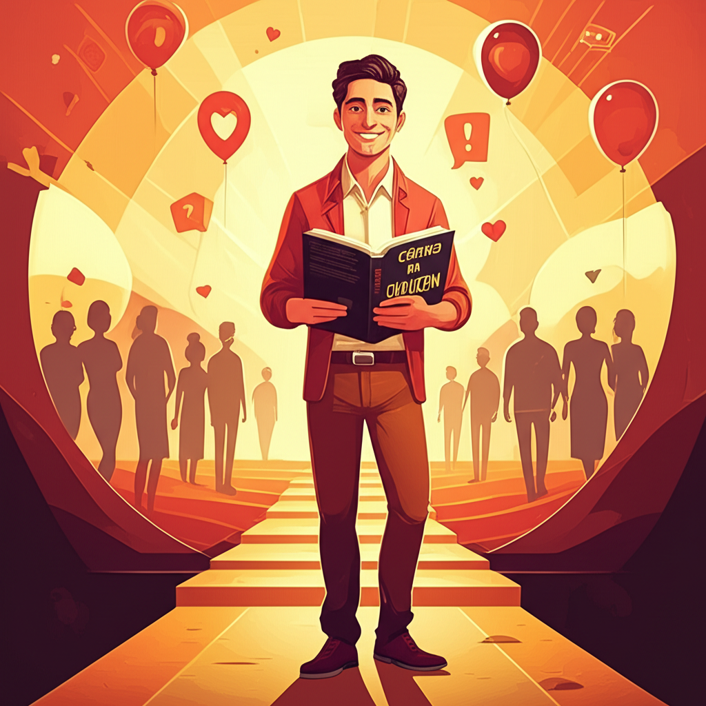 Ilustração de um homem confiante segurando o livro "Código da Coragem" diante de um círculo de pessoas, simbolizando a superação da timidez e o desenvolvimento da inteligência social.