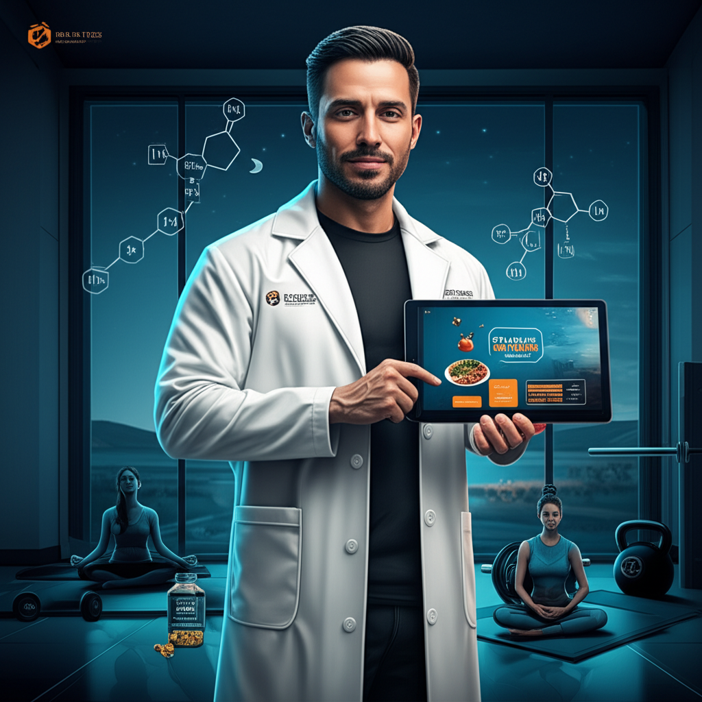 Dr. Alessandro Loiola presenting the Clube da Testo member dashboard with icons for sleep, nutrition, training, stress management and vitamins.