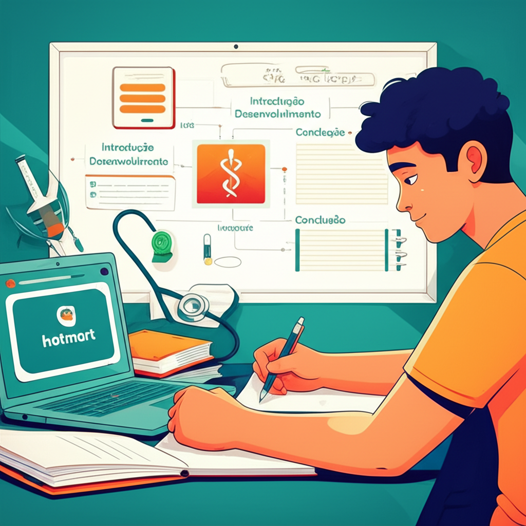 Estudante escrevendo redação para vestibular de medicina, com materiais de estudo e referência à plataforma Hotmart.