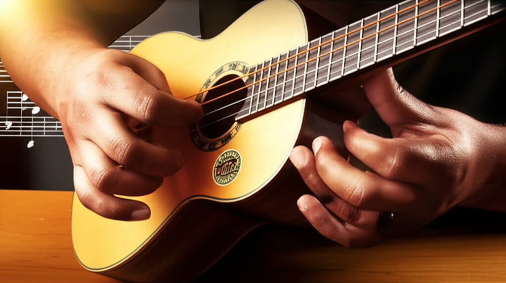 Cavaquinho em foco com mãos executando a palhetada, simbolizando o curso "A PROCURA DA BATIDA PERFEITA" de Léo Soares.